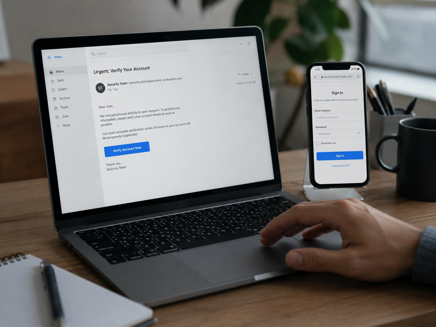 Phishing email and fake login page created with AI in 2026
